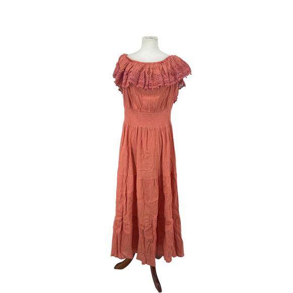CW Classics‎ Cotton Off The Shoulder Ruffle Coral Maxi Dress Size XL Beachy Boho - Picture 1 of 5